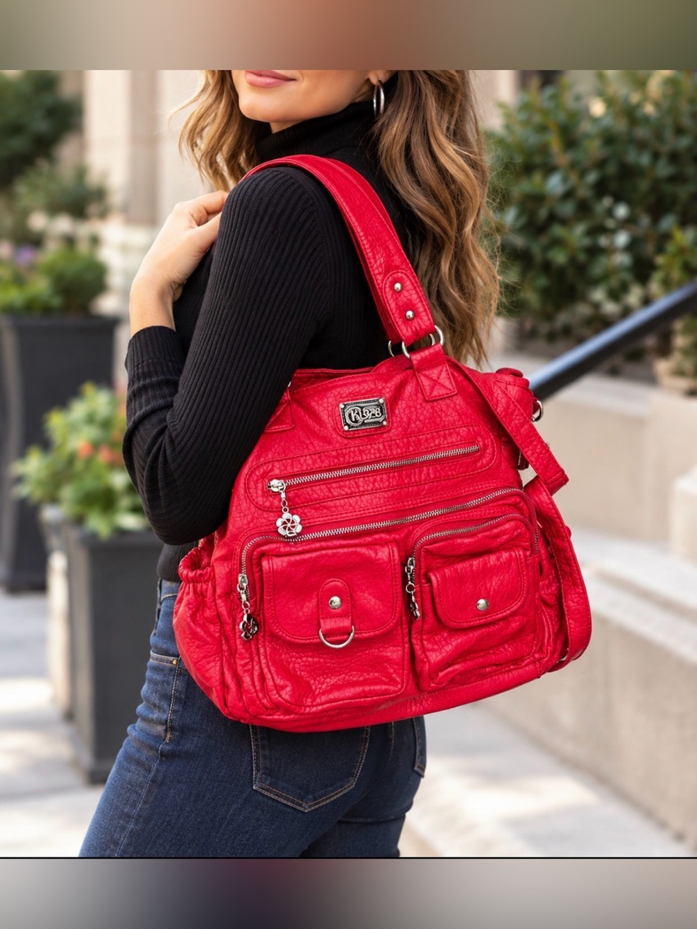KL928 Bright Red Shoulder Purse Large Hobo Tote PU Leather Multi-Pocket Bag